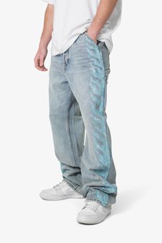 Ultra Baggy Flame Denim - Blue Blue Distressed Rigid Denim Cargo Jeans, Oversized Five Pocket Jeans For Streetwear, Oversized Five-pocket Jeans For Streetwear, Oversized Faded Urban Jeans, Oversized Faded Jeans For Streetwear, Oversized Urban Faded Jeans, Streetwear Faded Rigid Denim Cargo Jeans, Acid Wash Straight Leg Cargo Jeans For Streetwear, Faded Rigid Denim Cargo Jeans For Streetwear