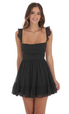 Shimmer Striped Fit and Flare Dress in Black | LUCY IN THE SKY Snowball Dresses, Black Dress Winter, Cute Hoco Dresses, Princess Inspired Outfits, Semi Dresses, Cute Formal Dresses, Cute Homecoming Dresses, Romper Shorts, Casual Day Dresses