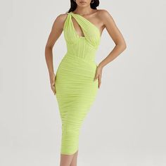 Indulge in the effortless elegance of our Mesh One Shoulder Backless Midi Dress. This dress features a one shoulder design, made with delicate mesh fabric and a backless silhouette. Perfect for sophisticated occasions, this dress is a must-have for adding a touch of luxury to any wardrobe. Elasticity: Slight Stretch Fabric Type: Organza Pattern Type: Solid Fit Type: Slim Silhouette: Pleated Neckline: Diagonal collar Dresses Length: Mid-Calf Material: Mesh Closure Type: Zipper Material Composition: Natural Fiber Waistline: Loose waist Sleeve Length(cm): sleeveless Bust:24.80-33.07" Waist:24.41-25.20" Hip:31.50-35.43" Length:38.58" Midi Dress For Women, Backless Midi Dress, Corset Midi Dress, One Shoulder Midi Dress, Yellow Midi Dress, Ruched Midi Dress, Mid Length Dresses, Cutout Dress, Dress Cuts