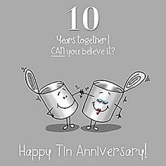 an anniversary card with two cups holding tennis racquets and the words happy tin anniversary