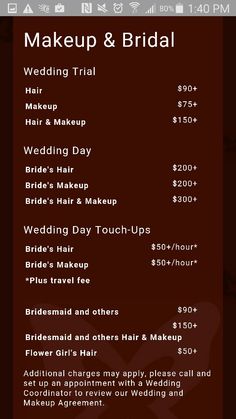 a menu for a wedding and bridal event