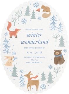 the winter wonderland baby shower is shown in blue and white, with animals on it