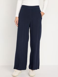 elasticized back waist hip pockets faux fly pull-on style sits at belly button relaxed hip and thigh wide leg hits below ankle 29" regular inseam 27" petite inseam 32" tall inseam models are approx.  5'9" and wear sizes s (4), l (12), and xl (18)machine wash according to the care instruction label Cream Linen Pants, Maternity Nursing Clothes, Flowy Wide Leg Pants, Black Linen Pants, Wide Leg Lounge Pants, Linen Drawstring Pants, Houndstooth Pants, Navy Blue Linen, Black Wide Leg Pants