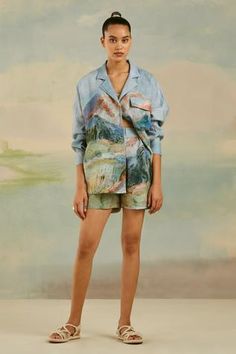 Shop for Cord Blue Pure Linen Lounge Printed Shirt And Shorts Set for Women Online at Aza Fashions Shorts Cord, Linen Lounge, Lounge Shirt, Mandarin Collar Shirt, Shirt And Shorts Set, Summer 25, Sets Summer, Cord Set, Applique Shirts