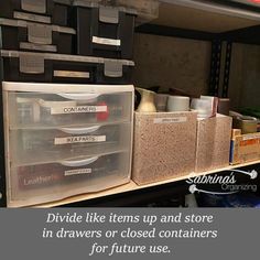 storage bins with dividers and labels on them in a store or craft room