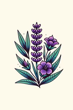 some purple flowers and green leaves on a white background with the words, i love you