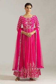 Pink anarkali with embroidered floral motifs and gota patti embellishments. Comes with farsi pant and dupatta.
Components: 3
Pattern: Embroidered
Type Of Work: Gota patti
Neckline: Scalloped
Sleeve Type: Three quarter
Fabric: Net,Georgette
Color: Pink
Other Details: 
Attached lining
Closure: 
Pant: Elasticated waistband
Anarkali: Front Hook
Occasion: Mehendi and Haldi,Sangeet - Aza Fashions Festive Maxi Length Churidar With Gota Work, Diwali Anarkali Floor-length Palazzo Set, Anarkali Palazzo Set For Diwali, Floor-length, Bollywood Style Salwar Kameez For Reception With Cutdana, Semi-stitched Anarkali Palazzo Set For Reception, Anarkali Semi-stitched Palazzo Set For Reception, Anarkali Palazzo Set For Reception, Anarkali Style Maxi Length Palazzo Set For Reception, Bollywood Style Floor-length Palazzo Set With Gota Work