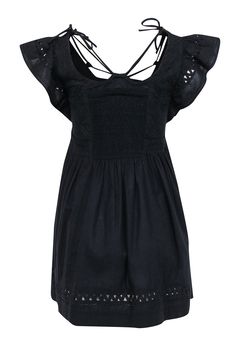 Elevate your summer style with the playful "Willa" mini dress from Sea New York. Made of 100% cotton, it boasts a square neckline, flirty flutter sleeves, and smocked details. Pair this versatile little black number with strappy sandals for daytime and heels for evening wear. Size XS 100% Cotton Unlined Pullover Partially smocked bodice Square neckline w/ bow ties Flutter sleeves Mini length Side seam pockets Ric-rac trim Bust 32.25" Waist 32" Shoulder to hem 33" Cotton Mini Dress With Ruffle Sleeves For Day Out, Summer Cotton Dress With Ruffle Sleeves, Summer Beach Mini Dress With Ruffle Sleeves, Beach Dress With Ruffle Sleeves In Cotton, Summer Cotton Mini Dress With Ruffle Sleeves, Cotton Vacation Dress With Flutter Sleeves, Cotton Flutter Sleeve Dress For Vacation, Black Flutter Sleeve Summer Dress, Cotton Mini Dress With Ruffle Sleeves For Summer