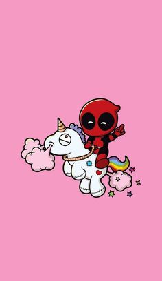 deadpool riding on top of a unicorn