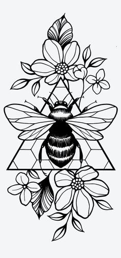 a black and white drawing of a bee with flowers on it's back side