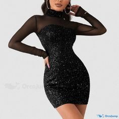 Orcajump - Black Sexy High-Necked Bodycon Dress with Gold Embellishments High Neck Bodycon Dress, Gold Embellishment, Neck Bodycon Dress, Home Dress, Patchwork Dress, Black Sleeveless, Types Of Skirts, Floral Maxi, High Collar