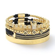 The Royal Gold Set is the top seller in a wide selection of our men's beaded bracelets. Handcrafted with durable high-quality gemstones featuring 18k gold plated stainless steel, This gold bracelet is the perfect gift for a loved one! Material: 316L Stainless steel & Brass4 Pieces combo (+FREE Roman Bangle)Width: 6mmSize: One size fits all.Plating: 18k Gold Plated. A Free Roman Bangle will be added to your package upon delivery Luxury Adjustable Gold Braided Bracelet, Luxury Beaded Bracelet Gift, Luxury Beaded Bracelet For Gift, Luxury Gold Beaded Bracelets With Round Beads, Classic Gold Braided Adjustable Bracelet, Classic Gold Adjustable Braided Bracelets, Adjustable Gold Stackable Tennis Bracelet, Classic Adjustable Gold Braided Bracelets, Luxury Adjustable Stackable Tennis Bracelet