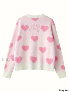 Katykey - Womens Casual Crew Neck Long Sleeve Pullover Sweater featuring an Adorable Rabbit & Heart Pattern - Fashionable and Chic Cute Crew Neck Cardigan, Cute Heart Print Winter Sweater, Cute Winter Sweater With Heart Print, Pink Heart Print Sweater For Valentine's Day, Cute Heart Print Tops For Winter, Cute Pink Heart Print Sweater, Cute Heart-shaped Winter Sweater, Cute Heart Print Crew Neck Sweater, Cute Heart Graphic Sweater For Winter