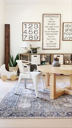 a white chair sitting on top of a rug in a living room next to a table