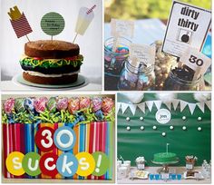 a collage of pictures including cake, cupcakes and candy bar signs for 30th birthday party