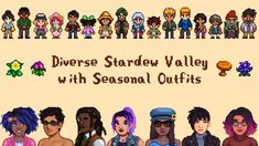 an old school video game with some people in front of it and the words diverse shadow valley with seasonal outfits