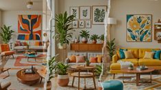 a living room filled with lots of furniture and plants on the wall next to each other