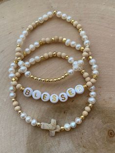 Beaded Bracelets Ideas Aesthetic, Christian Heishi Bracelets, Godly Bracelets, Christian Bracelets Ideas, Christian Beaded Jewelry, Neutral Bracelet Ideas, Custom Bracelet Ideas, Personalized Beaded Bracelets, Neutral Beaded Bracelets