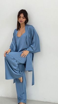 Elegant Sleepwear With Kimono Sleeves For Loungewear, Blue Satin Sleepwear Set, Blue Satin Sleep Set, Elegant Blue Sets For Pajama Party, Elegant Blue Pajama Party Sets, Blue Satin Bedtime Sets, Blue Silk Sleepwear For Pajama Party, Satin Wrap Kimono For Loungewear, Elegant Sleepwear With Kimono Sleeves