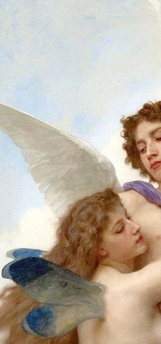 two women embracing each other with wings on their backs and one holding the back of another woman's head