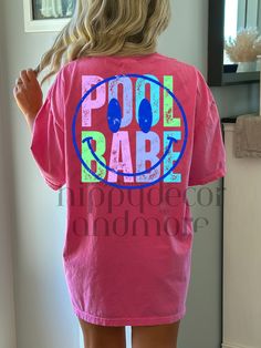 Cute Multicolor T-shirt For Vacation, Fun Pink Top With Sublimation Print, Fun Pink Tops With Sublimation Print, Cute Pink Beach T-shirt, Playful Letter Print Beach Top, Cute Pink T-shirt For Beach Season, Playful Letter Print Top For Beach, Cute Multicolor Vacation T-shirt, Multicolor Short Sleeve Tops For Poolside