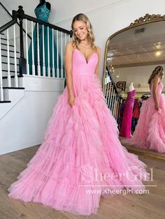 This timeless classic, the Pink Sparkly Tulle Ball Gown Layered Party Dress, features a sweetheart neckline and pleated bodice coupled with a full tiered sparkly tulle skirt, making it perfect for any special occasion. The delicate sparkle and multi-layered tulle will make you stand out in a crowd. It can be made in other colors,please contact us 1.Silhouette: A Line 2.Fabric: Tulle 3.Embellishment: Pleats 4.Neckline: Sweetheart Neck 5.Sleeve: Sleeveless 6.Waistline: Natural 7.Hem-length: Floor Black Graduation Dress, Vestidos Color Rosa, Ruffle Prom Dress, Prom Dresses Long Pink, Prom Dress Inspo, Princess Prom Dresses, Beautiful Long Dresses, Spaghetti Strap Prom Dress, Prom Dresses 2024