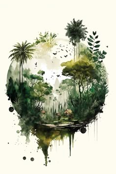 an artistic painting with trees and watercolors on the bottom, surrounded by birds