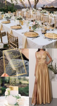 a collage of photos with gold and white wedding decorations, flowers, and cake