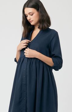 Wear to work or for a casual dinner with friends. The Demi Tencel Maternity Dress features a slightly structured shirt dress silhouette with long sleeves and a curved empire seam that sits high over your bump and low across the back. This style is also perfect for Post pregnancy as the nursing friendly button through placket offers easy feeding access. Relaxed fit maternity shirt dress Soft woven tencel Round neckline Button up front for easy nursing accessLong sleeveNursingLength 95cm (Size 1) Maternity Shirt Dress, Maternity Work Clothes, Tencel Dress, Tiffany Rose, Maternity Nursing Dress, The Bump, Party Kleidung, Nursing Friendly