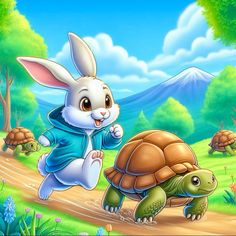 a rabbit running with a turtle on a path