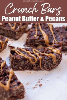 pieces of chocolate crunch bars with peanut butter on top with Pinterest pin text. Bars With Peanut Butter, Childhood Candy, Pecan Crunch, New Years Appetizers, Crunch Bar, Chocolate Crunch, Puffed Rice, Classic Candy