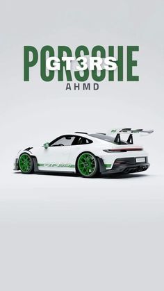 a white and green sports car with the words porsche afmd on it's side