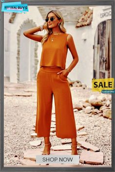 Suit Elegant Sleeveless Top Cropped Pants Ladies Two-piece Set Summer Two-piece Pantsuit For Workwear, Casual Sleeveless Two-piece Jumpsuit, Sleeveless Two-piece Pant Set For Spring, Summer Cropped Two-piece Pant Set, Chic Cropped Pant Set For Summer, Casual Sleeveless Two-piece Pants, Solid Sleeveless Two-piece Set, Sleeveless Pant Set For Workwear, Summer Solid Color Pantsuit With Pockets