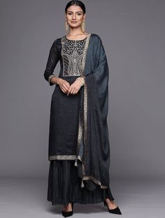 *Charcoal yoke design Kurta with Sharara and dupatta Indian Wedding Wear Salwar Kameez / Indian Ethnic Dress / Plus Size Silk Kurta Dress Traditional Indian Wear / Salwar Kameez Dupatta / Kurti Palazzo Set *Kurta design:- * Floral yoke design *Straight shape * Regular style * Round neck, three-quarter regular sleeves * Zari detail *Knee length with straight hem * Silk blend fabric *Sharara design:- * Solid Sharara * Elasticated waistband * Slip-on closure Fabric:- Silk Blend Wash Care:- Hand Was Traditional Art Silk Straight Kurta With Sheer Dupatta, Transitional Art Silk Palazzo Set With Dupatta, Semi-stitched Slub Silk Palazzo Set For Eid, Semi-stitched Dori Work Traditional Wear In Slub Silk, Eid Semi-stitched Slub Silk Palazzo Set, Diwali Art Silk Palazzo Set With Sheer Dupatta, Festive Art Silk Kurta With Sheer Dupatta, Semi-stitched Palazzo Set With Dori Work For Diwali, Festive Semi-stitched Palazzo Set With Dori Work