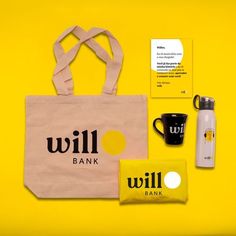 a pink shopping bag with the words will bank on it next to a coffee cup and wallet