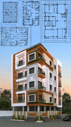 an architectural drawing of a three story building