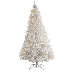 a white christmas tree on a stand with its lights turned on and the base lit up