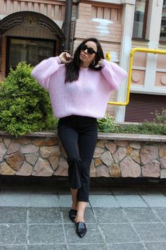 "KidMohair Oversized Sweater. Very cozy, weightless and comfortable. Size: oversize Length 65 cm Width 55/60cm This sweater can be with round neck or V-neck. For a sweater with a V - neckline, the depth of the neckline is 25 cm (diagonally from the shoulder). Product Details: * 100% hand knit *70% kidmohair, 30% neylon If you would like me in other size, you could request a custom order with your own parameters: your height, bust and length of the sweater from the shoulder in cm. You can choose Pink Mohair Sweater For Winter, Pink Mohair Sweater For Fall, Cozy Pink Mohair Sweater, Bridal Cardigan, Bridal Sweater, Woman Sweater, Mohair Wool, Mohair Sweater, Oversized Pullover