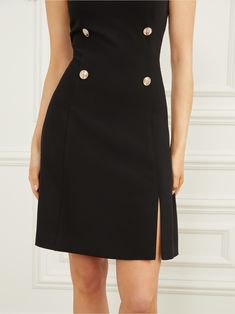 Workwear Dresses With Side Slits, Elegant Party Sleeveless Dress With Buttons, Elegant Evening Dresses With Side Buttons, Elegant Sleeveless Mini Dress With Side Slits, Sleeveless Buttoned Midi Office Dress, Fitted Sleeveless Knee-length Dress With Button Closure, Chic Dresses With Side Buttons For Work, Formal Dresses With Side Buttons, Chic Midi Dress With Side Buttons