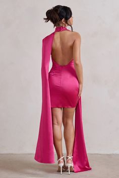 Laurelie Hot Pink Satin Statement Cape Design Mini Dress – Club L London - USA Elegant Cape, Black Tie Events, Cape Designs, Velvet Prom Dress, Black Dress Prom, Black Tie Gala, Christmas Party Dress, Black Velvet Dress, Black Tie Event