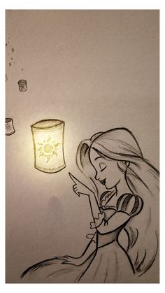 a drawing of a girl looking at a lit candle in the air with her hand