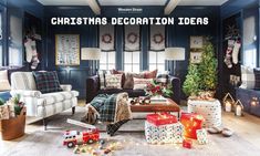 a living room filled with furniture and christmas decorations