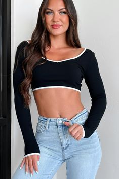 Might Cause Trouble Contrast Trim Tie-Back Top (Black) - NanaMacs Black Stretch V-neck Crop Top, Black V-neck Crop Top For Spring, Black Casual V-neck Crop Top, Casual Black V-neck Crop Top, Black Rib, 7 11, Contrast Trim, Size Charts, Knitting Materials