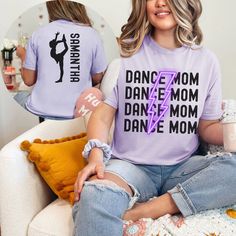 Get ready to show off your dance mom pride with our custom Comfort Colors shirt! This personalized dance comp shirt is the perfect gift for any dance mom. Our cozy Dance Mom shirt is great for weekends spent cheering on your favorite dancer and will make you stand out at competitions. Embrace the dance mom life in style with our custom dance team mom shirts, designed to keep you comfortable and chic. Invest in our dance mom shirt today for the ultimate blend of comfort and fashion. With our comp Hip Hop Purple Top With Letter Print, Purple Hip Hop Top With Letter Print, Fitted T-shirt With Name Print For Dance Class, Fitted Custom Print T-shirt For Dance Class, Team Mom Shirts, Dance Shirts Ideas, Team Mom Shirt, Dance Parents, Dance Mom Shirt