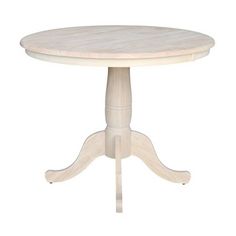 a white wooden table with four legs and a round top, on a white background