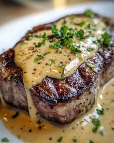 a piece of steak covered in gravy on a plate