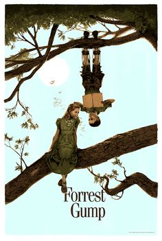 a woman sitting on top of a tree branch next to a lamppost with the words forrest gump hanging from it