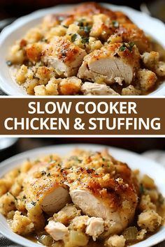 chicken and stuffing in a slow cooker on a white plate with the words slow cooker chicken and stuffing