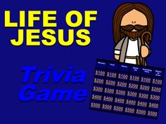 a man with long hair and beard standing next to a game board that says, life of jesus