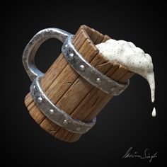 a wooden barrel filled with foam and some metal rings on it's sides, as if dripping milk from the top